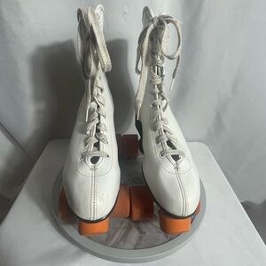 Vintage Roller Derby White High Top Skates Size 10 w/ Orange Wheels
